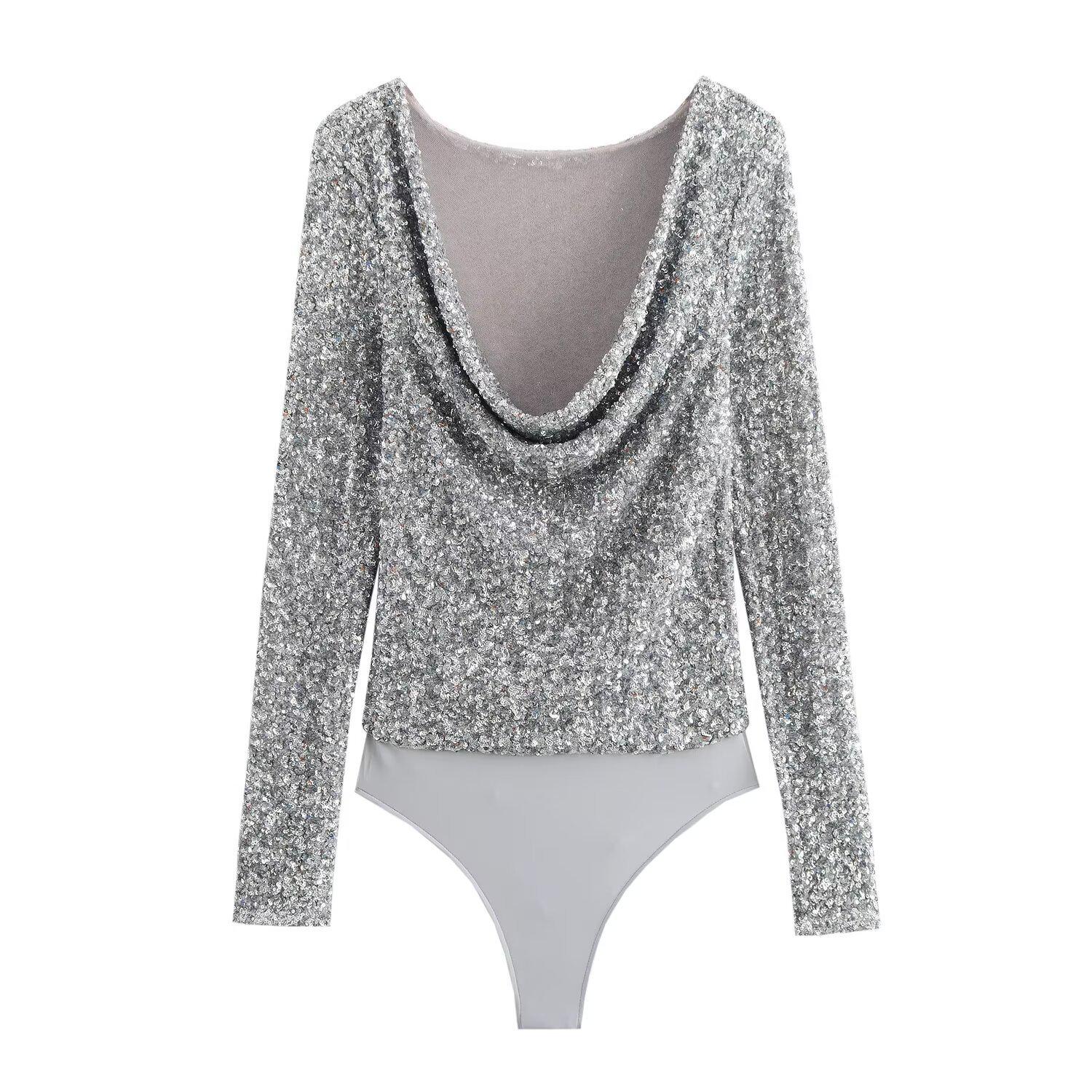 

Slim-Fit Sequin V-Neck Long-Sleeve Retro Jumpsuit for Women XS