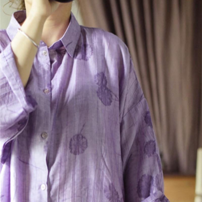 Johnature Women Vintage Jacquard Shirts Tops Turn-down Collar Seven Sleeve Cloths Summer Loose Mid-length Shirts