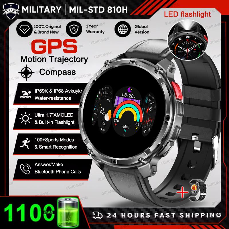 1100mAh Large Battery Durable Adult Smart Watch GPS Strong Flashlight 10ATM Waterproof BT Call Sport Smartwatch Men