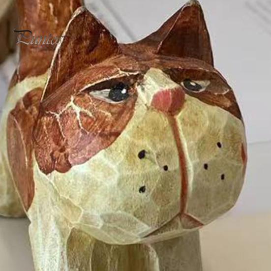 Unique Handcrafted Cat Decor Tabby Wood Figurine with Painting, Hand Carved Basswood Natural Animal Carvings Statue, Art Ornament for Home Office Desk