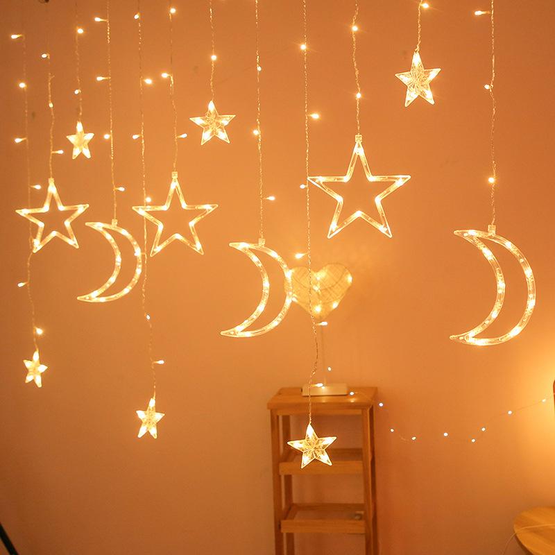 USB & Battery Operated Star Moon Curtain String Lights, Warm White & Multicolor LED Fairy Hanging Lights for Bedroom, Christmas, New Year Indoor Decor