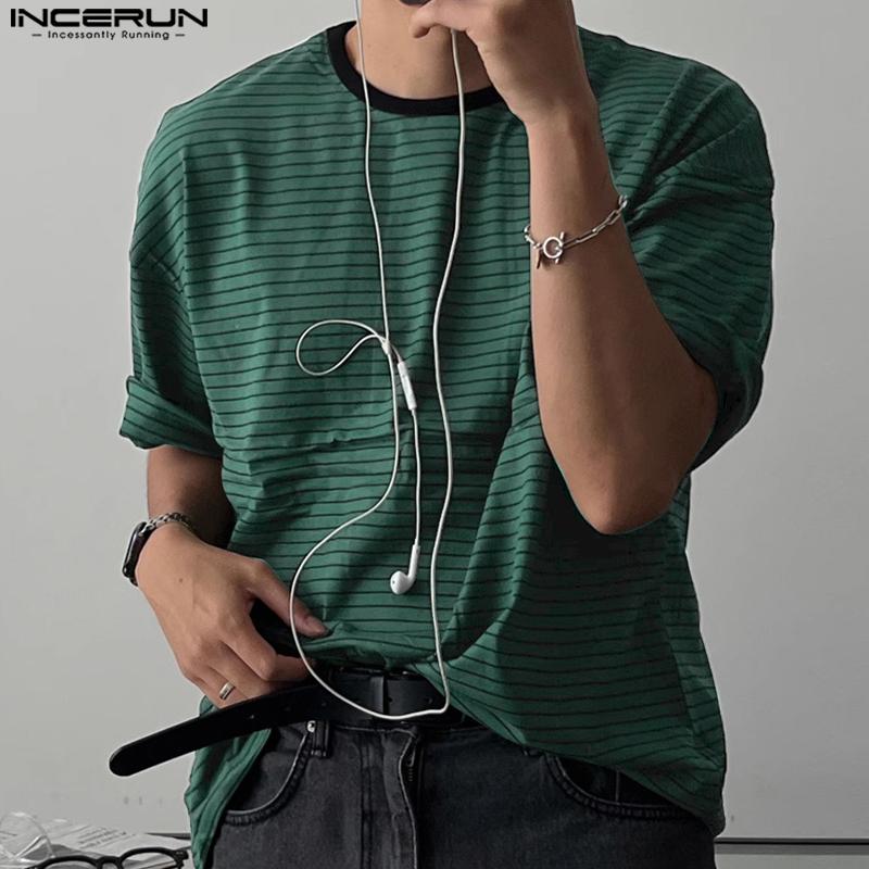 INCERUN Oversized Men O Neck Short Sleeve Striped Casual T-shirts