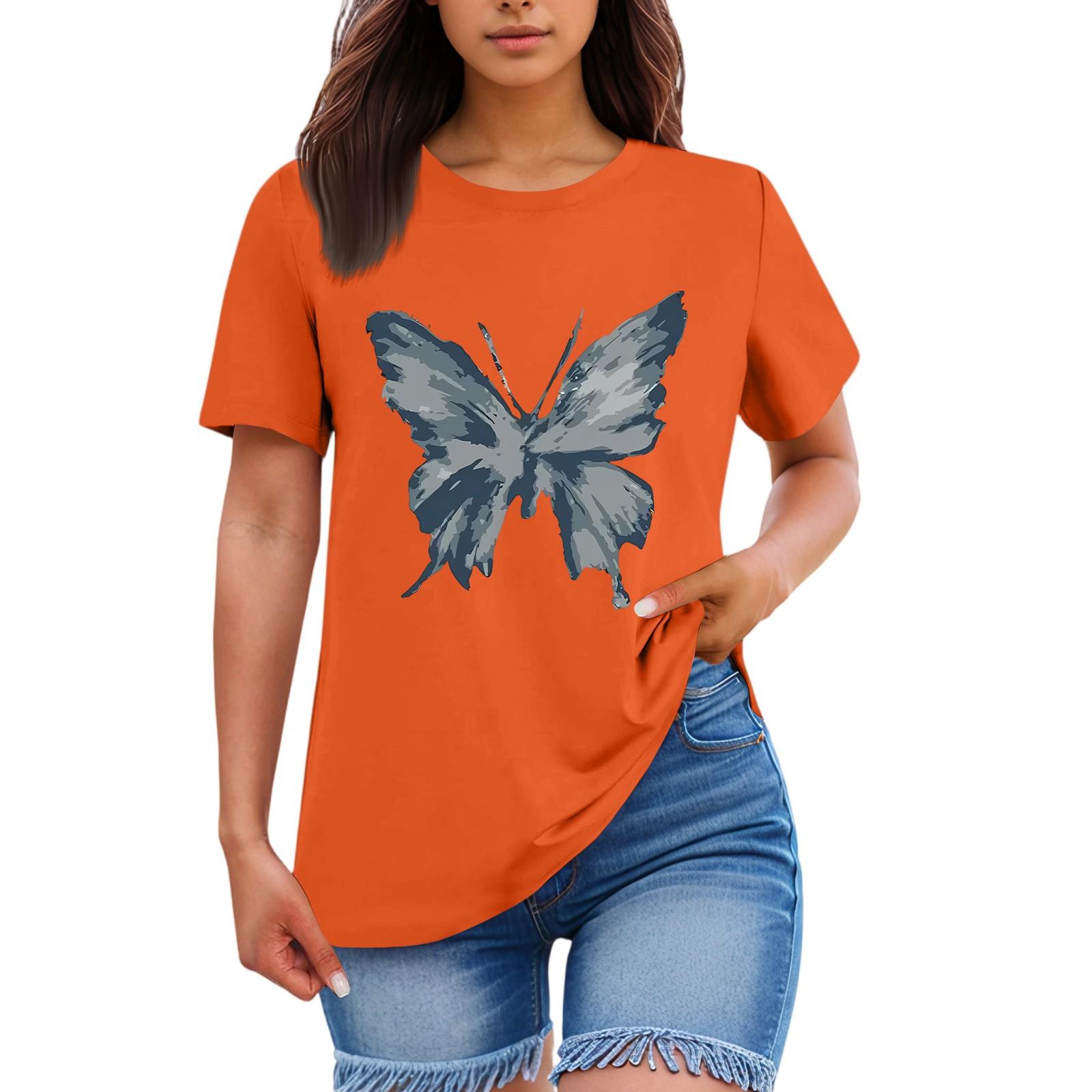 

Женская свободная удобная повседневная модная футболка с принтом бабочек, круглым вырезом и короткими рукавами XL шафрановый
