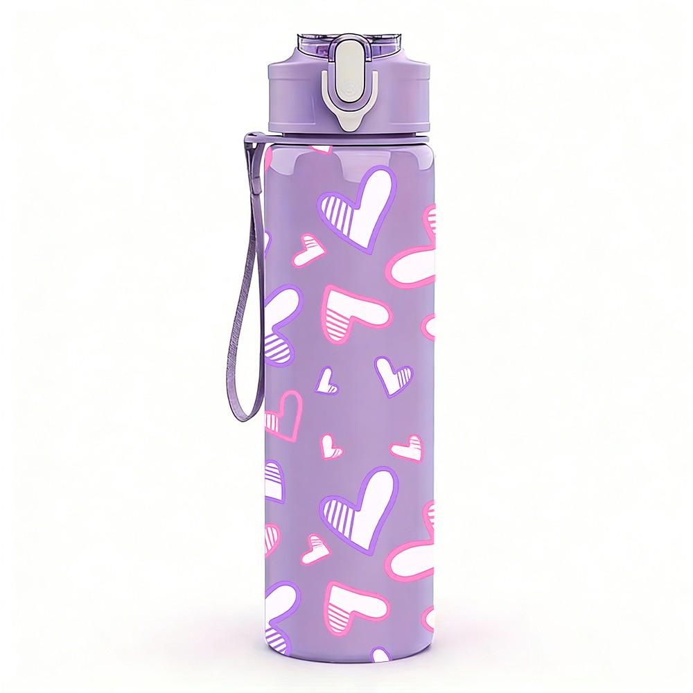 1PC Pink Purple Heart Seamless Print 750ml Color Plastic Sports Water Bottle Leakproof Flip Straw Lid Suitable for Sports Office Home Use