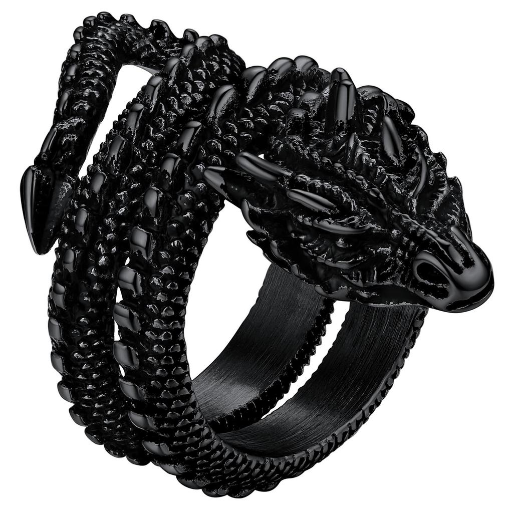 Anelli a Drago U7 in Acciaio Inossidabile per Uomo Donna Nero Retrò Colore Oro 14K Anelli Avvolti Drago Animale Vivace Gioielli Cool Regalo