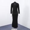 LYRIA Elegant Knitted V-neck Long Dress Women Patchwork Single Breasted Long Puff Sleeve Slim Dresses Chic Female Hip Package Vestidos
