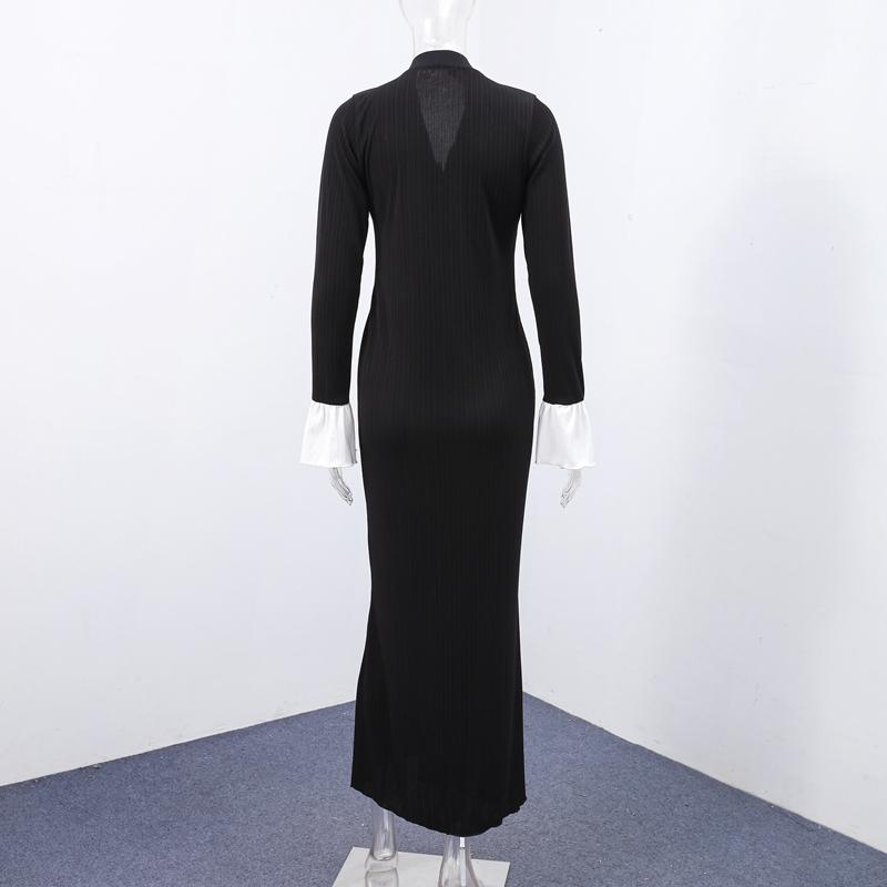 LYRIA Elegant Knitted V-neck Long Dress Women Patchwork Single Breasted Long Puff Sleeve Slim Dresses Chic Female Hip Package Vestidos