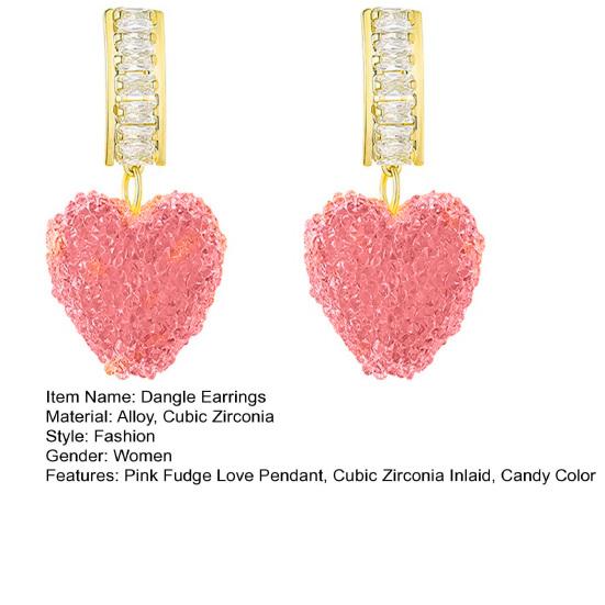 Yousheng 1 Pair Dangle Earrings Shiny Cubic Zirconia Sweet Geometric Anti-fade Decorative Birthday Gift Women Pink Fudge Love Pendant Stud Earrings