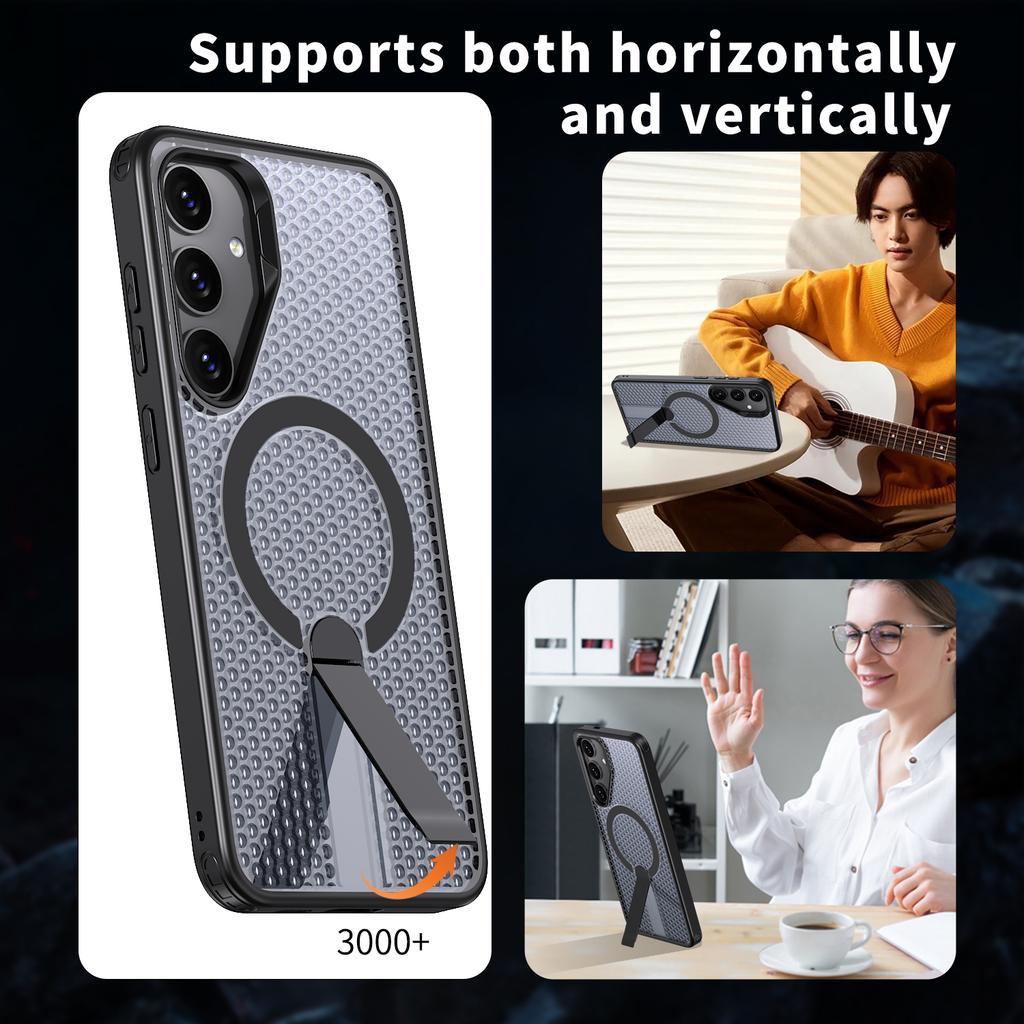 For Samsung Galaxy S25 Magnetic Case Kickstand Grid Texture TPU PC Phone Back Cover