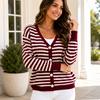 Women's Striped V-Neck Single-Breasted Lightweight Knit Cardigan Loose Fit