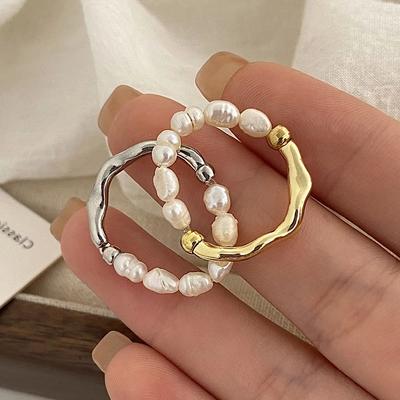 PONYKISS Sterling Silber Süßwasserperlen Elastische Seilringe für Damen Trendig Rund Fein Minimalistisches Zubehör