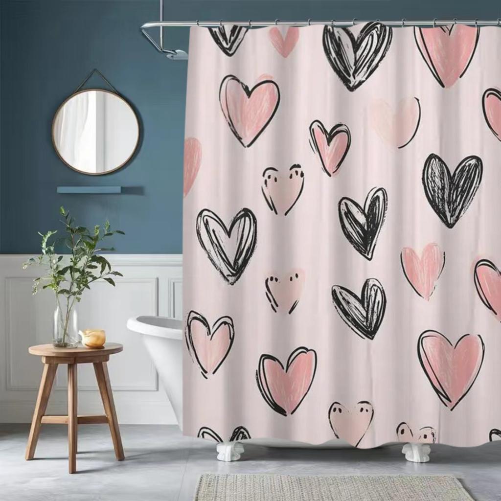 1pc Pink and Black Heart Pattern Polyester Shower Curtain, Fashion Theme, Washable, All-Season, with Hooks, for Home Bathroom