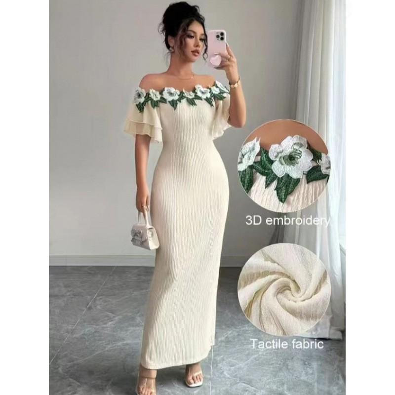 Elegant Floral Print Midi Dress Women - French Chic Sweet Style Slim Fit Off-Shoulder Bubble Sleeve Long