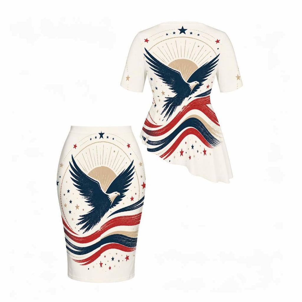 Women Plus Size Round Neck Short Sleeve Printed Asymmetric Top And Fitted Skirt Two Piece Set