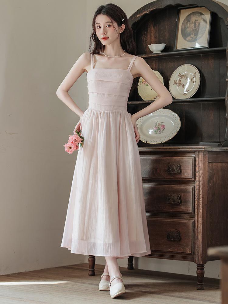 Women's Pink Fairy Mori-Style Sleeveless Long Camisole Dress for Summer Beach Vacation