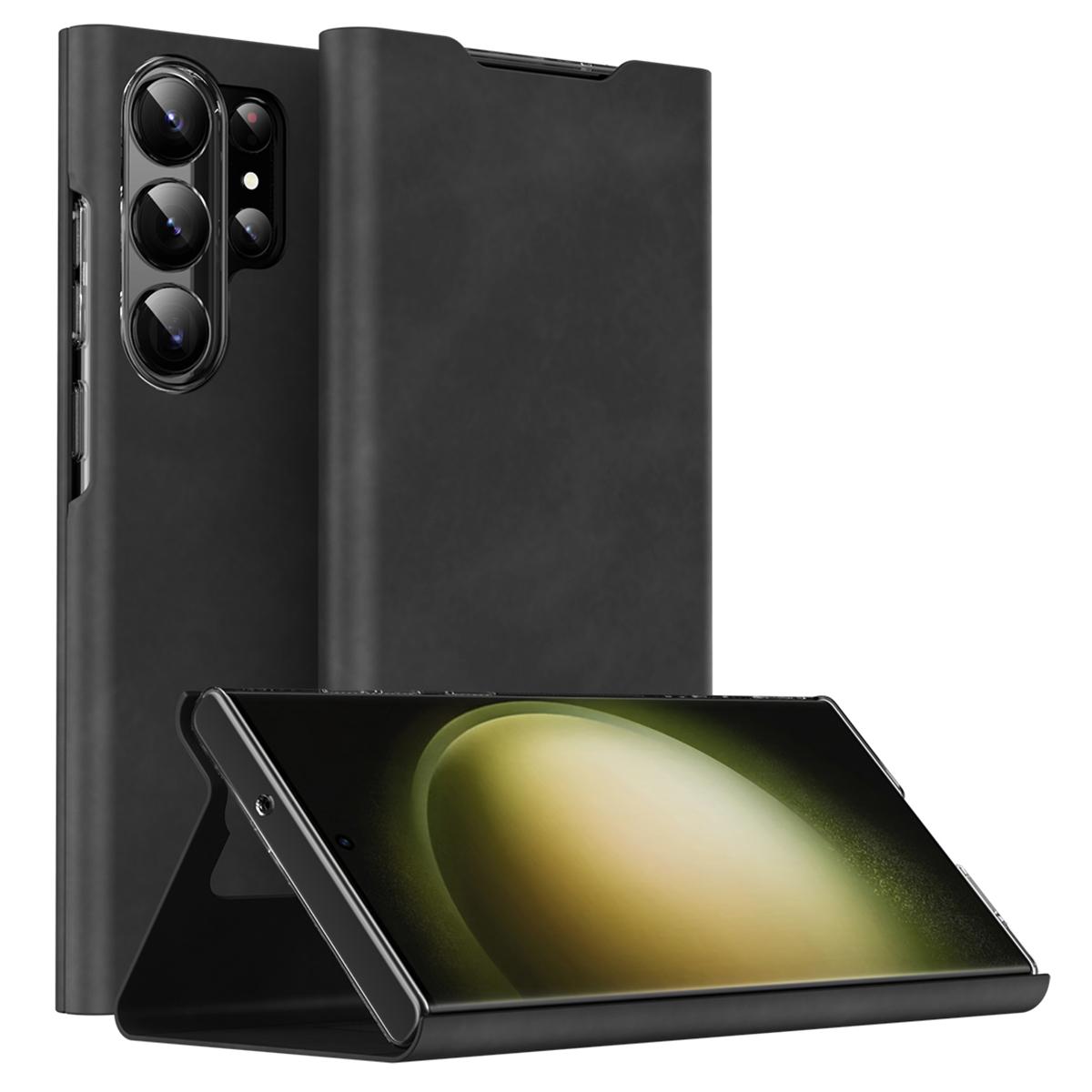 

For Samsung Galaxy S22 Ultra 5G Card Holder Stand Case Nappa Texture PU Leather+PC Phone Cover Black