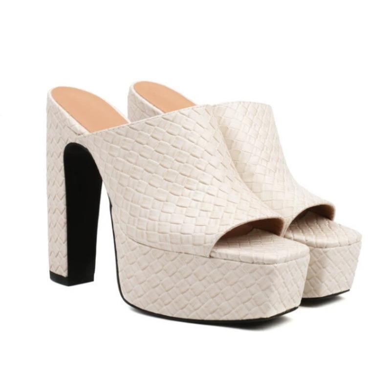 Fashion New Popular Sexy High Heels Women Slippers Platform Summer Slides Mules Shoes Leather Black White Red Sandals Large Size 35-43