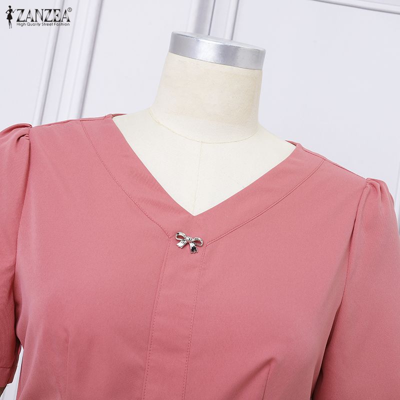 ZANZEA Women Casual V-Neck Short Sleeve Lace Splice Long Dress