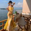 Sexy Premium Yellow Bell Vacation Print Elastic Slim Skinny Splicing Fishtail Suspender Dress