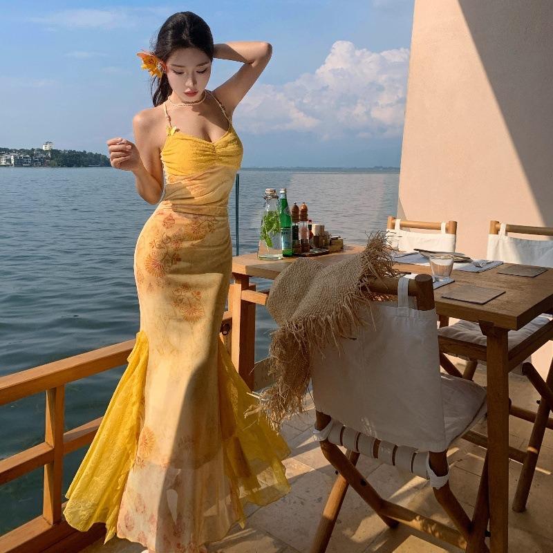 Sexy Premium Yellow Bell Vacation Print Elastic Slim Skinny Splicing Fishtail Suspender Dress