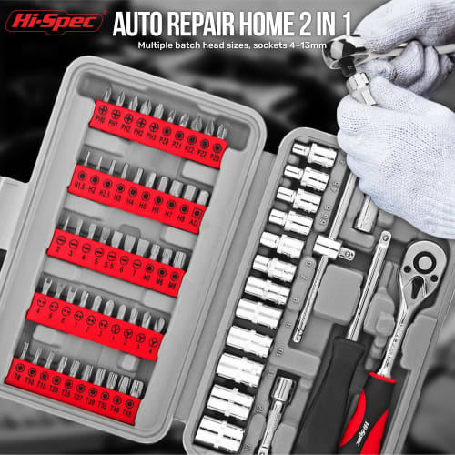 Hi-Spec 69-Piece Socket Wrench Compact DIY Tool Set with Box Case for Home & Garage Use, Includes Driver Bits, 1/4" Metric Sockets, and Wrench Handle