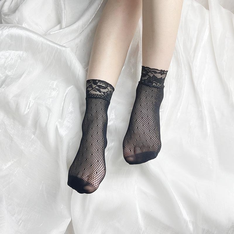 Summer-Ready Black Fishnet Lace Stockings: Odor-Resistant, Sweat-Absorbing, Sexy, Thin Jacquard Short Socks for Women