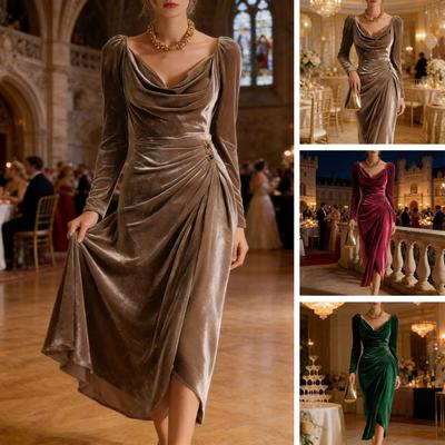 Women's Long Sleeve Velvet Evening Party Dress Cowl Neck Ruched Slit Bodycon Dress Midi Wedding Guest Dress