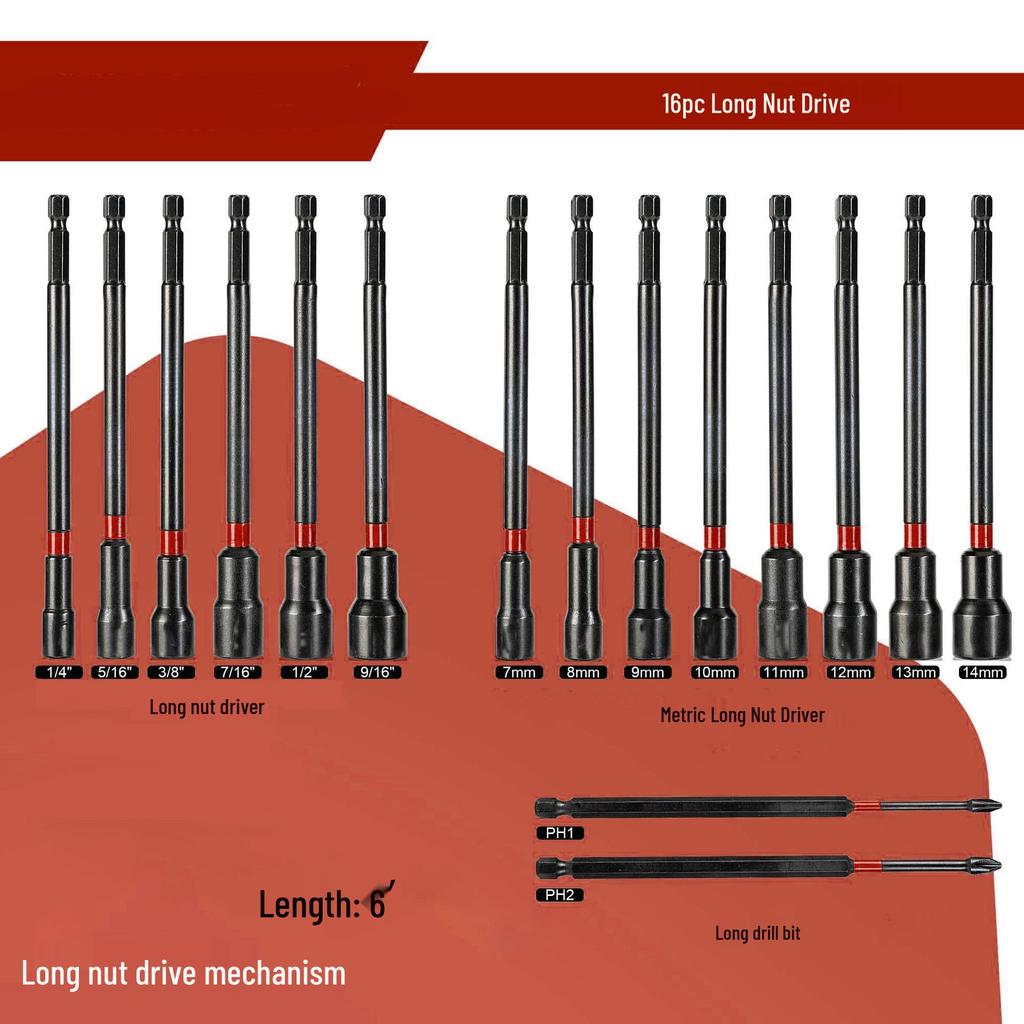 16-Piece Magnetic Nut Driver Set - Multi-Functional Long Drive Tool