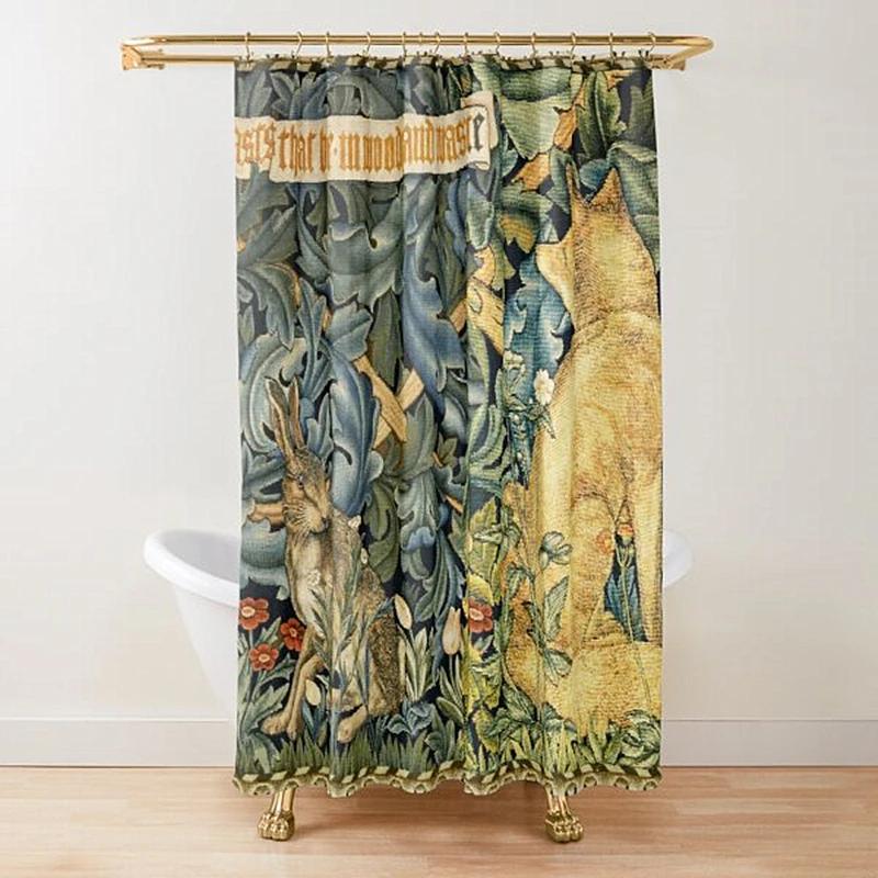 Animali del Bosco Fagiano e Volpe Tenda da Doccia Blu Verde Floreale Lepri Verdeggiante Tenda da Doccia per Bagno con 12 Ganci
