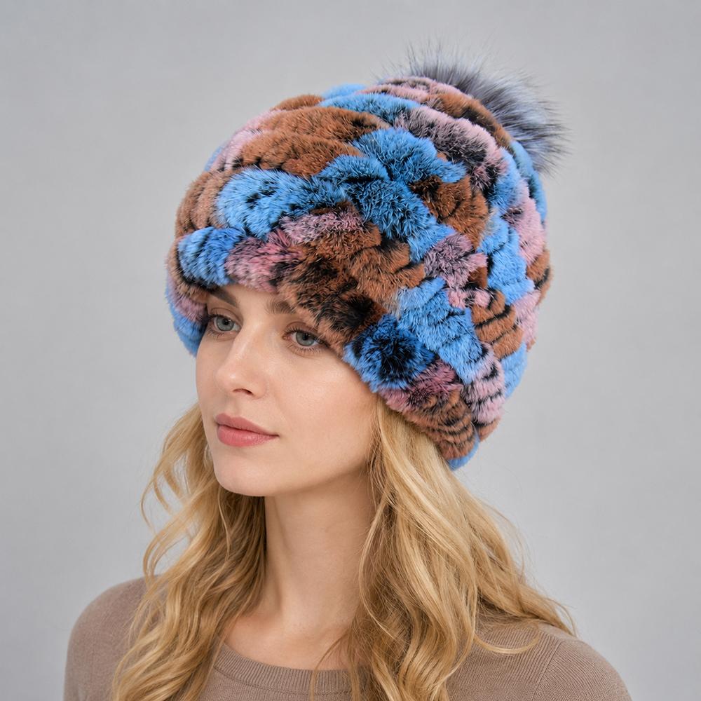 New Luxury Knitted Real Genuine Fox Fur Hats Women Beanies Solid Rex Rabbit Fur Caps Winter Lady Party Fashion Fur Hat Skullies