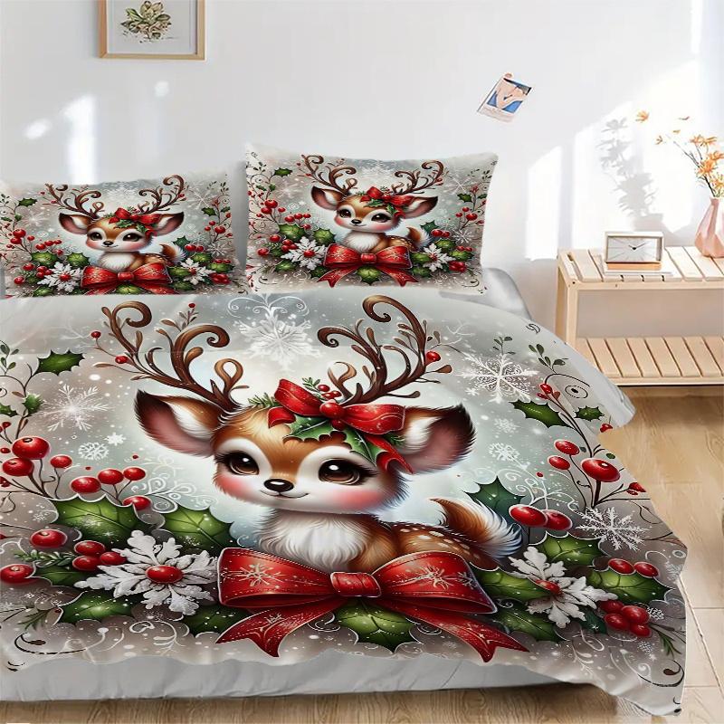 3pcs Christmas Deer Print Bedding Set (1 Cover + 2 Pillowcases, Without Inserts), This Printed Bedding Set is Soft and Comfortable, Suitable for