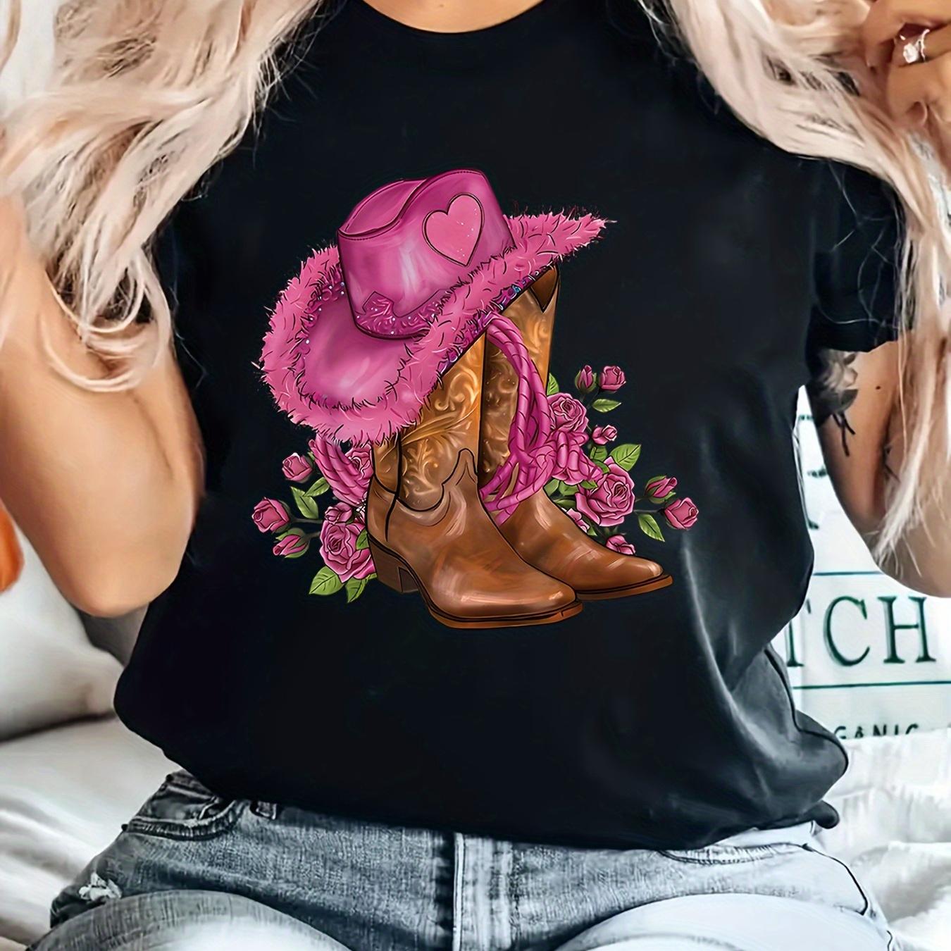 

Cute Floral Cowgirl Cartoon Print Tee Casual Crew Neck Top for Women 100 Polyester Spring to Fall Versatility EasyCare S