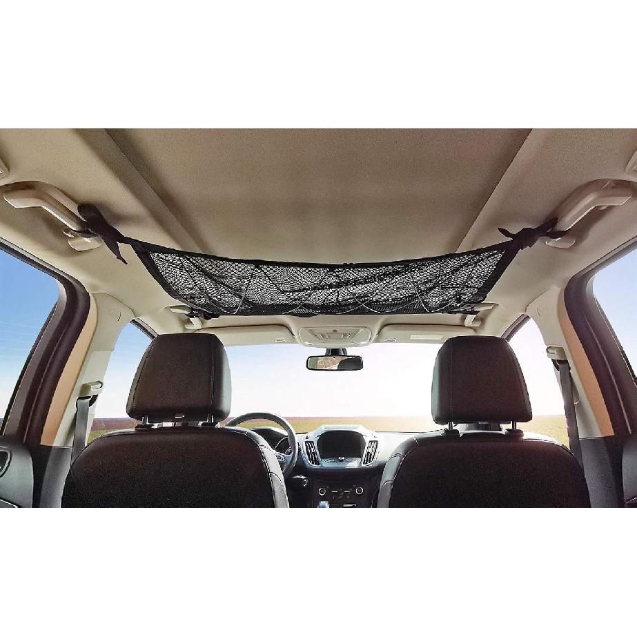 Kaskawise Car Ceiling Cargo Net Pocket,31"x21" Adjustable Double-Layer Mesh SUV Roof Organizer Long Trip Ceiling Storage Net,Car Camping Cargo Net