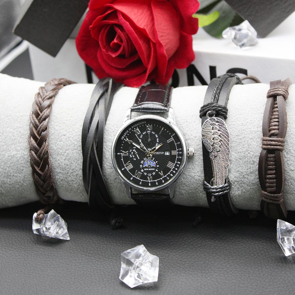 5pcs Set High-end Men's Watch Leather Belt Retro Fashion Round Dial Bracelets Include Box for Get-together Party