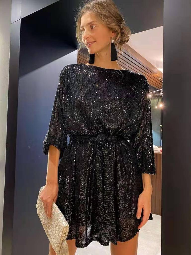 New Festive Party Shiny Sequins Color-Block Slim Fit Dress Mini Cocktail Dress