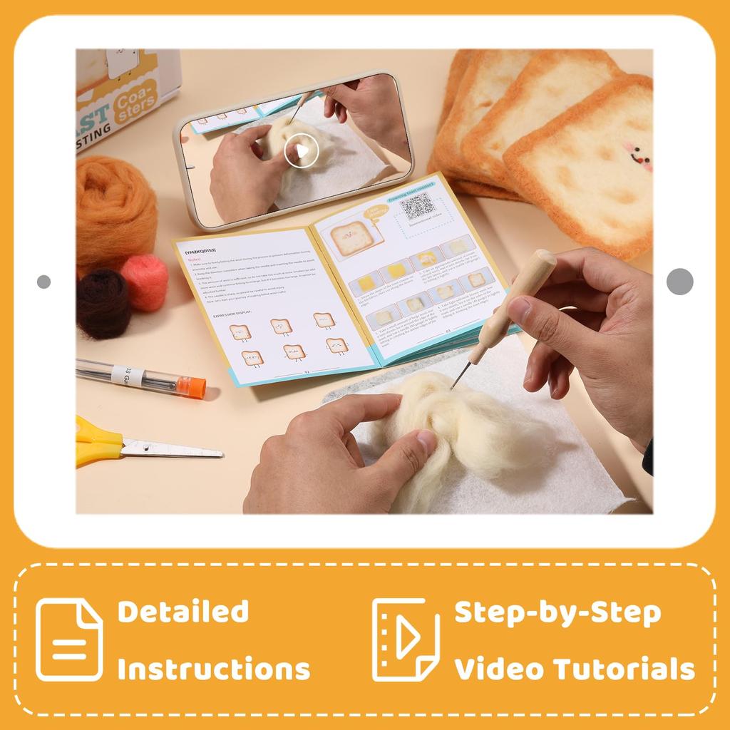 Fenrry 6PCS Needle Felting Kit Toast Coasters Wool Felting Kit Felting Wool Roving Felting Pad for DIY Decoration Craft