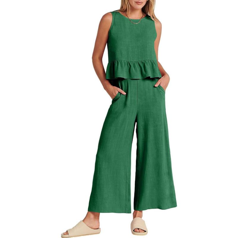 Women's Summer 2 Piece Outfits Sleeveless Pleated Ruffle Tank Top Wide Leg Cropped Pants Casual Loose Linen Matching Set with Pockets