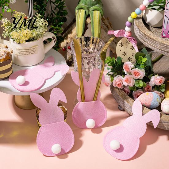 Felt Tableware Organizer 4 Pcs Easter Bunny Cutlery Holders, Pouch Bags, Cute Rabbit Utensil Plush Tail Table Settings Sleeve, Spring Fork Spoon Knife