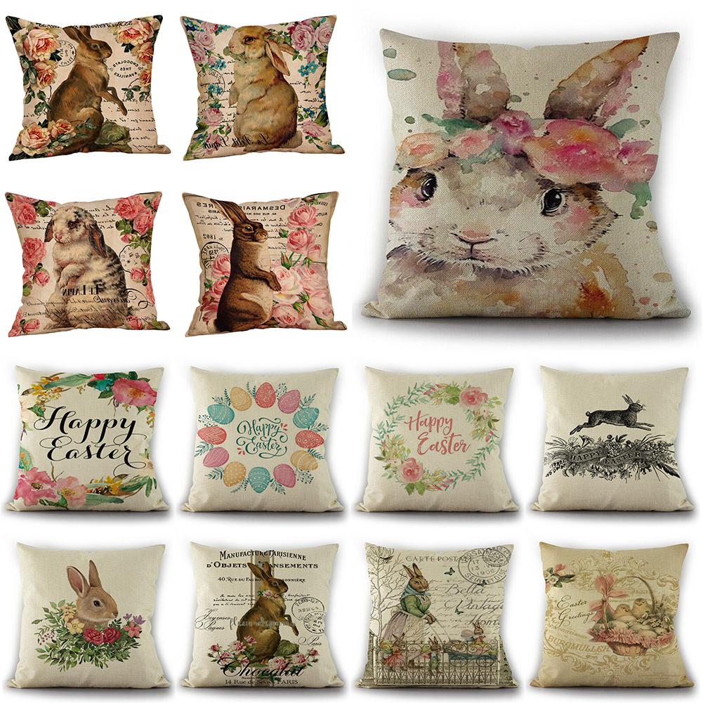 Flowers Vivid Rabbits Throw Pillow Case Linen Bunny Cushion Cover Easter Decor Flowers Vivid Rabbits Throw Pillow Case Linen Bunny Cushion Cover Easter Decor