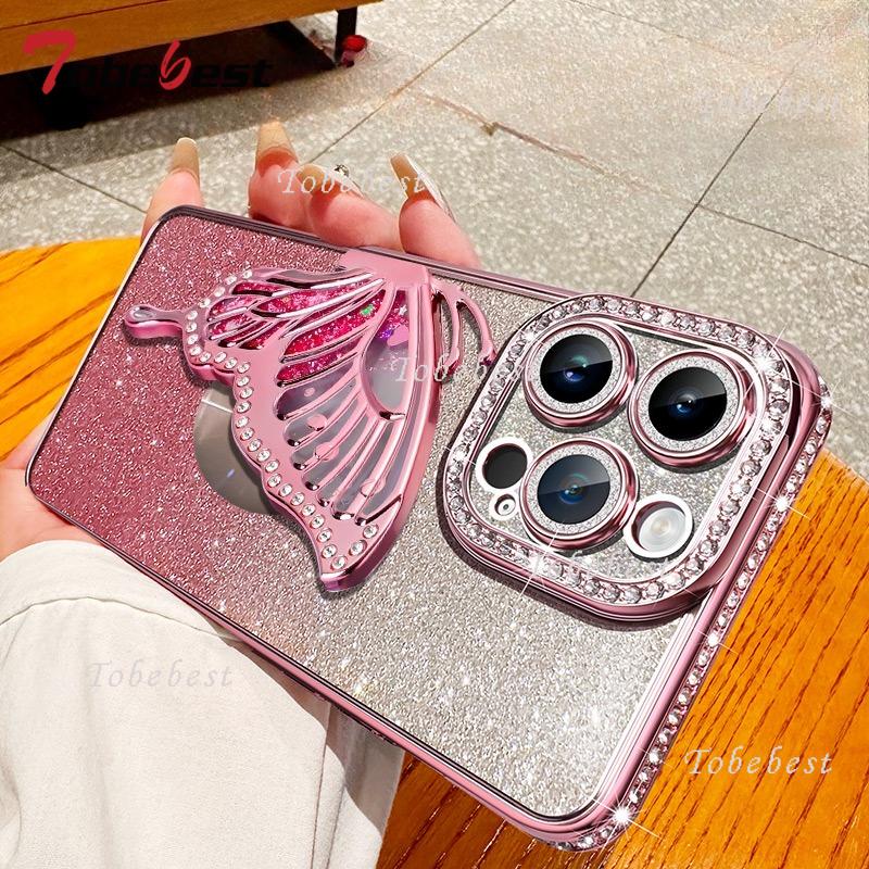 Diamond Glitter Magsafe Phone Case For iPhone 16 16E 11 14 13 12 15 Pro Max Butterfly Magnetic Holder Stand Soft Cover