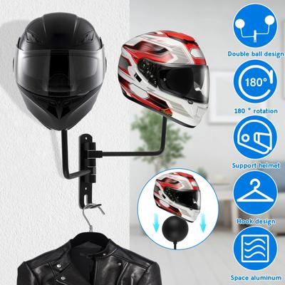 Motorcycle Helmet Rack 180° Rotating Wall Mounted Helmet Rack with Double Hook Bicycle Helmet Rack DisplayRack Detachable