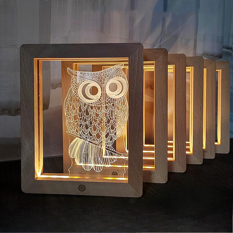 Wood Picture Frame Brightness Lamp Decor Creative DIY Wooden Photo Frame with LED Night Light Family Lover Gift