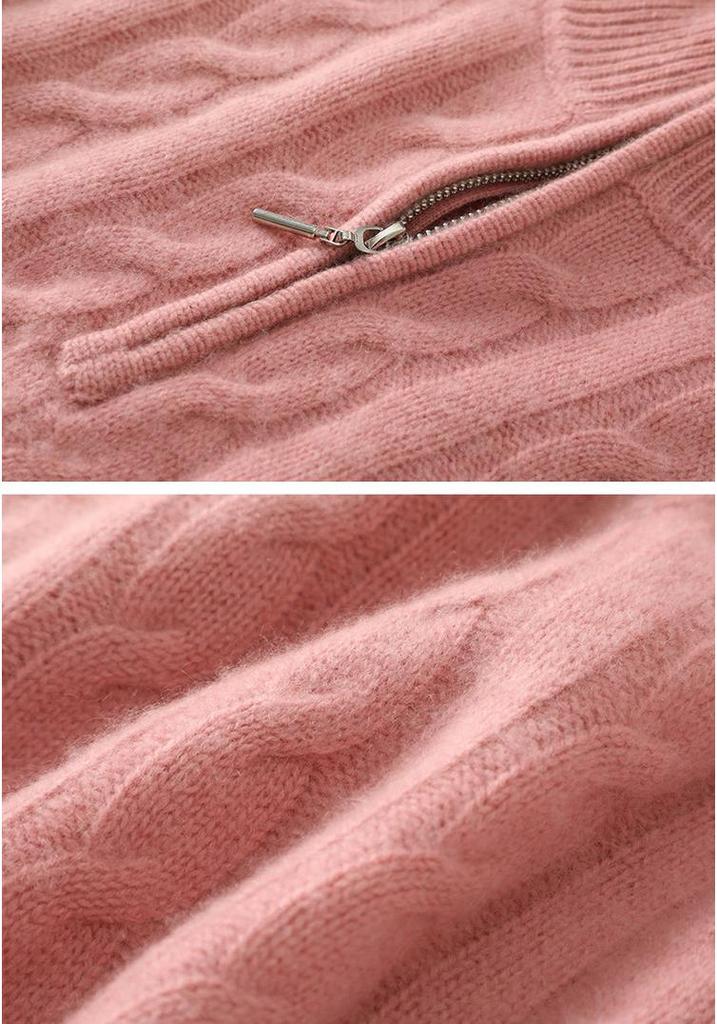 Women's Thickened Cashmere Stand Collar Zipper Sweater - Soft, Warm Cable Knit for Autumn/Winter
