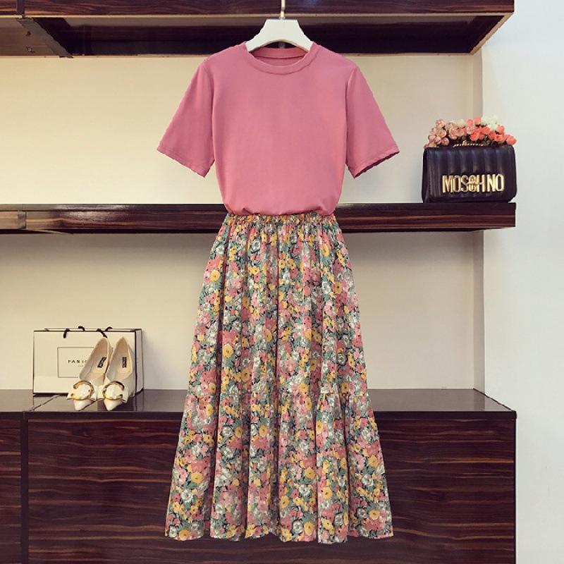 Cotton-containing Plus Size Women's Clothing for Fat Girls in Summer To Reduce Age and Cover The Flesh To Look Slimming Floral Skirt Two-piece Set