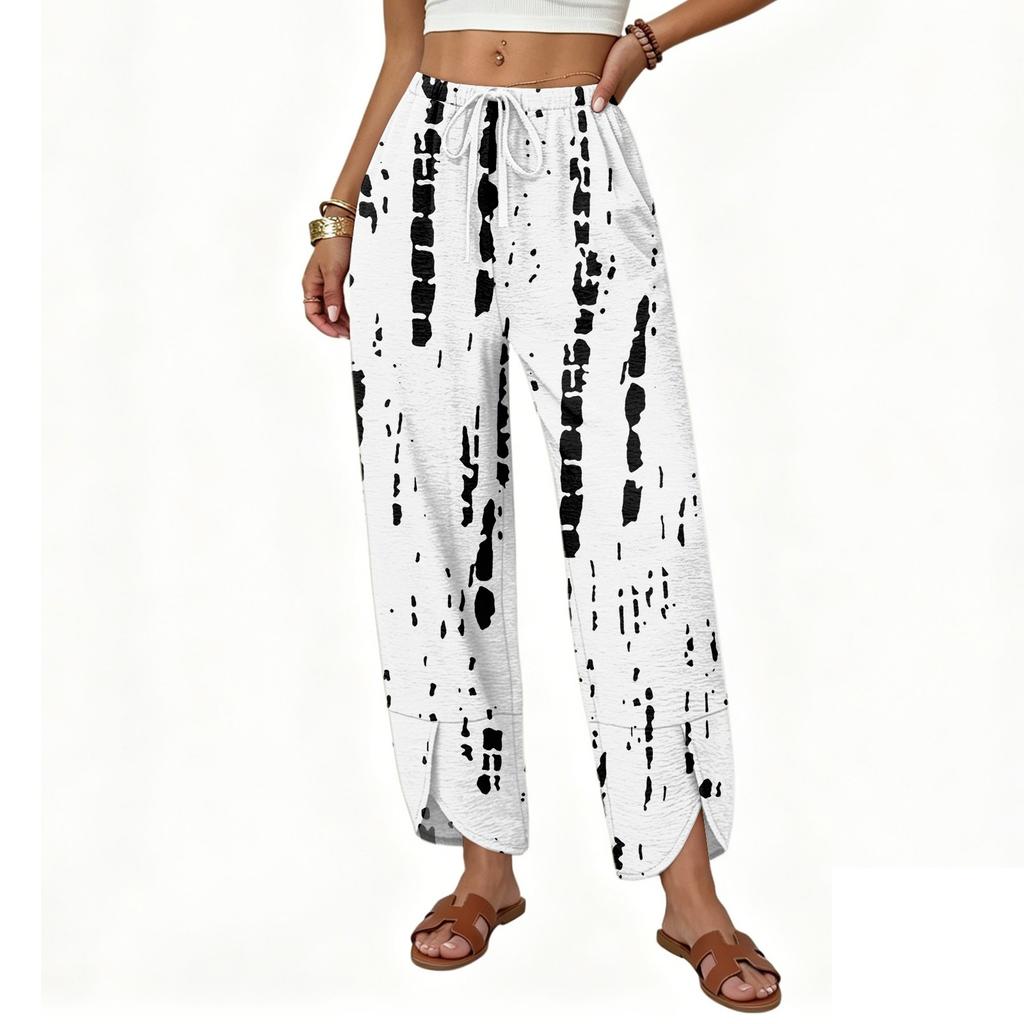 Damen Lässige Weite Hosen Lockerer Sitz Gerader Schnitt Knopfdetail Bedrucktes Muster Kordelzug Taille Lange Hosen