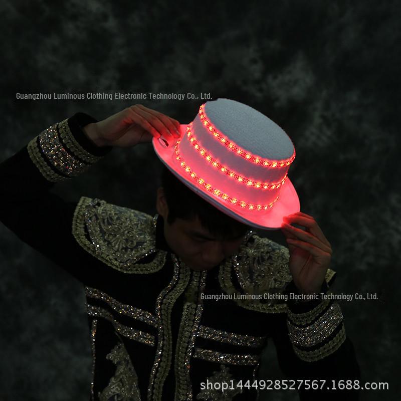 LED Jazz Hat with Diamonds: High-Brightness White Light Top Hat for Dance Parties, KTV, and Bars, Battery Operated