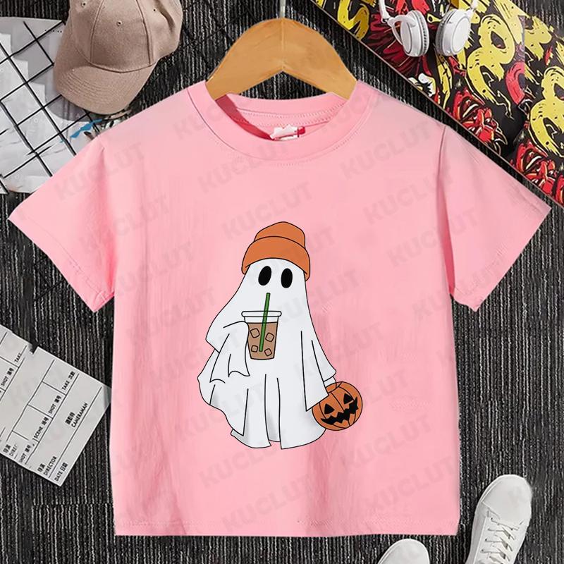 Little Boo Drinking Coffee Halloween Spooky Season Shirt Children T-Shirts Harajuku Graphic Tops Kids Summer Fashion Tshirt Tops