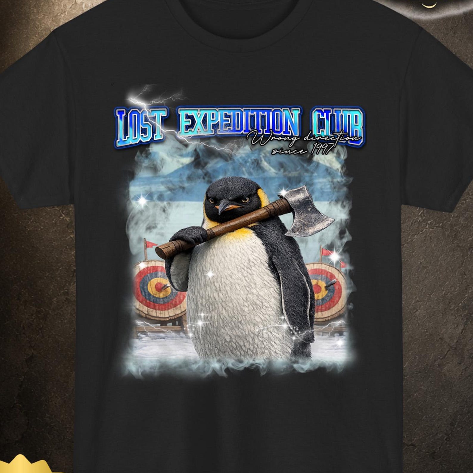 Penguin Meme Shirt, Funny Animal Graphic Tee, Arctic Ax Throwing Design M