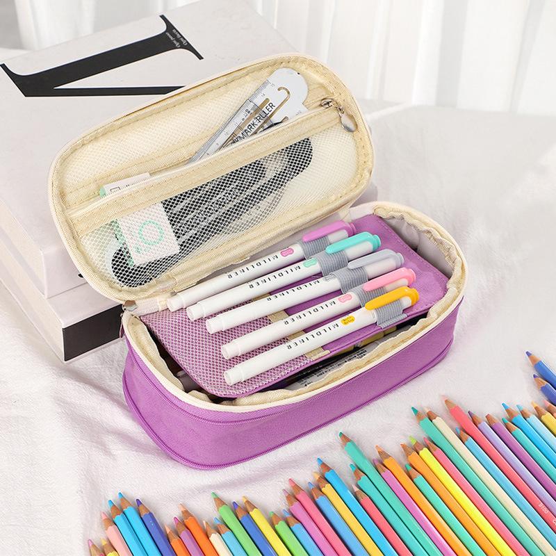 Creative Macaron Color Blocking Expandable Large Capacity Pencil Case Solid Color Middle And High School Students Stretchable Si