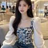 Square Collar Base Top New Women's Retro French Gentle Floral Design Unique Waist Cinching T-shirt